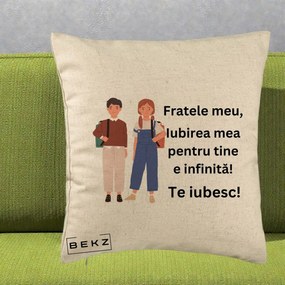 Cadou pentru Frate - Perna Personalizata Fratele Meu Te Iubesc Elevi Ilustratie Colorata, 40x40 cm, Bej, Husa Detasabila, Perna Inclusa, BEKZ®