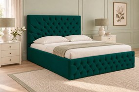 Pat tapițat Chesterfield din catifea Venezia 160×200 cm, verde, cu ladă de depozitare
