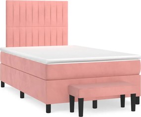 vidaXL Pat box spring cu saltea, roz, 120x200 cm, catifea