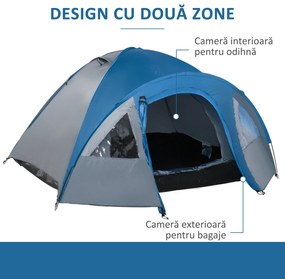 Outsunny Cort de Camping pentru 4 Persoane, cu Spațiu de Depozitare, Albastru, 3x2.50x1.30m | Aosom Romania