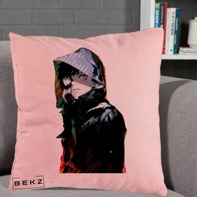 Perna Personalizata Tokyo Ghoul Ken Kaneki cu Masca si Gluga, 40x40 cm, Roz, Husa Detasabila, Perna Inclusa, BEKZ®