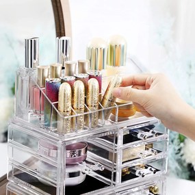 Organizator XXL cu 11 sertare şi 15 compartimente pentru make up şi cosmetică, transparent, acril