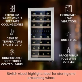 Vinamour 33 Duo, frigider pentru vin, 2 zone, 89 l / 33 sticle, 5-18 °C, control tactil