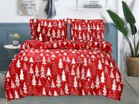 Set lenjerie cocolino CHRISTMAS TREES rosu + cearsaf Cocolino microplus cu elastic SOFT 180x200 cm alb, pat dublu