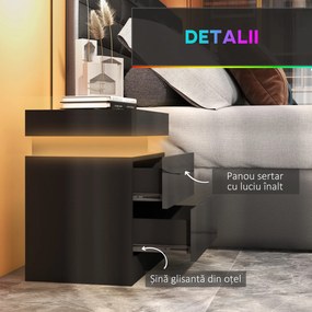 HOMCOM Masă de noapte neagră cu lumină LED, Front lucios cu 2 sertare, pentru Sufragerie, Dormitor | Aosom Romania