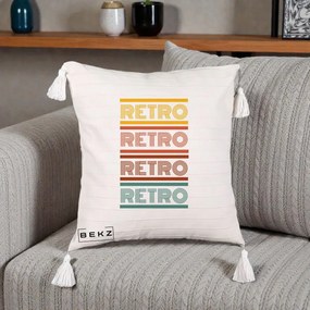 Perna Decorativa RETRO Text Multicolor, 40x40 cm, Bej cu Franjuri, Husa Detasabila, Perna Inclusa, BEKZ®