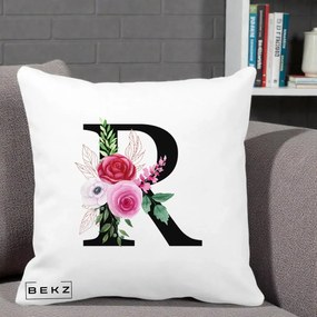 Cadou Personalizat - Perna Personalizata Monograma Florala Litera R, 40x40 cm, Alba Mata, Husa Detasabila, Perna Inclusa, BEKZ®