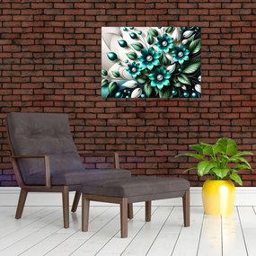 Tablou pe sticlă - Flori turcoaz 3D (70x50 cm)
