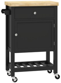 HOMCOM Servantă de bucătărie pe roți, cărucior de servire, blat din lemn de hevea, sertar, 63,5 x 40 x 90 cm, negru | Aosom Romania