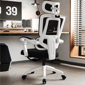 Scaun ergonomic cu suport lombar, tetieră reglabilă 3D, suport pentru picioare, Mesh, Alb/Negru