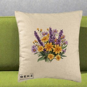 Perna Decorativa Lavanda cu Margarete Galbene si Lila, 40x40 cm, Bej, Husa Detasabila, Perna Inclusa, BEKZ®
