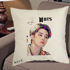 Perna Personalizata K-pop BTS Jimin Portret Artistic Multicolor cu Autograf, 40x40 cm, Ecru, Husa Detasabila, Perna Inclusa, BEKZ®