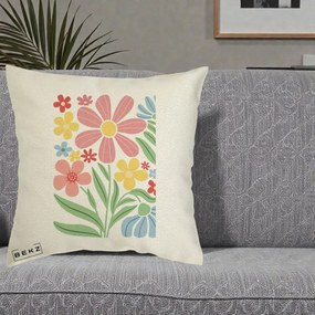 Perna Decorativa Flori Grafice Roz Pastel, 40x40 cm, Ecru, Husa Detasabila, Perna Inclusa, BEKZ®