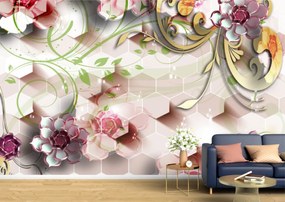 Tapet Premium Canvas - Flori colorate si hexagoane 3d abstract