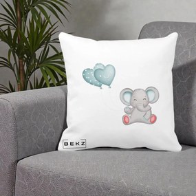 Perna Decorativa Elefant si baloane in forma de inimioare, 40x40 cm, Alba Mata, Husa Detasabila, Perna Inclusa, BEKZ®