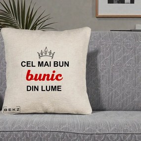 Cadou pentru Bunic - Perna Personalizata Cel Mai Bun Bunic Din Lume Coroana Rosu, 40x40 cm, Bej Canapea, Husa Detasabila, Perna Inclusa, BEKZ®
