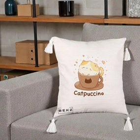 Perna Decorativa Catpuccino Pisica Cappuccino, 40x40 cm, Bej cu Franjuri, Husa Detasabila, Perna Inclusa, BEKZ®