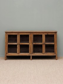 Bufet din lemn masiv, natur, cu 4 uși vitrate și laterale din sticlă, aspect rustic, finisaj natural, 81 x 153 x 44 cm, „Laval”