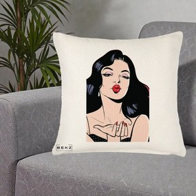 Perna Decorativa Femeie Pop-Art Kiss, 40x40 cm, Crem Reliefat, Husa Detasabila, Perna Inclusa, BEKZ®