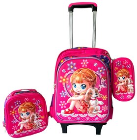 Set 3 piese Ghiozdan pentru scoala cu troler detasabil, cu borseta si penar, 41 x 30 x 23 cm, 3 comp