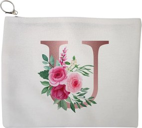 Portfard Cosmetice tip Plic, Cu litera U Rose Gold si Trandafiri, 23x18 cm, Alb, BEKZ®