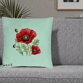 Perna Decorativa Maci Rosii Acuarela, 40x40 cm, Verde Menta, Husa Detasabila, Perna Inclusa, BEKZ®