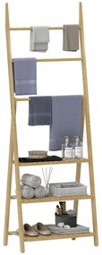 HOMCOM Raft Baie Pliabil pentru Prosoape cu 3 Rafturi și 3 Bare, 53,5x30x153 cm, Lemn Natural | Aosom Romania