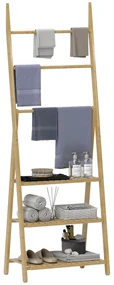 HOMCOM Raft Baie Pliabil pentru Prosoape cu 3 Rafturi și 3 Bare, 53,5x30x153 cm, Lemn Natural | Aosom Romania
