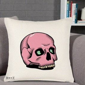 Perna Decorativa Craniu Roz Tatoo Art Halloween, 40x40 cm, Crem Reliefat, Husa Detasabila, Perna Inclusa, BEKZ®
