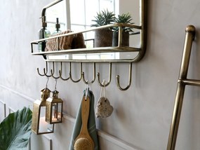 Oglindă cu raft și 8 agățători, din metal și sticlă, finisaj alamă antichizată, H 44.5 cm