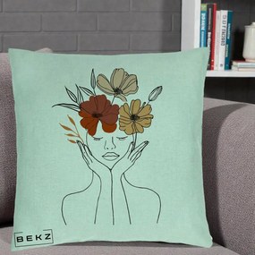 Perna Decorativa Portret Feminin Coroana Trei Flori, 40x40 cm, Verde Menta, Husa Detasabila, Perna Inclusa, BEKZ®