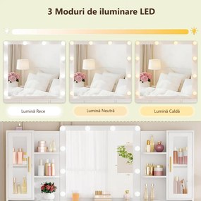Set Masa toaleta alba 160 cm, cu Priza si USB, cosmetica, machiaj, oglinda cu LED, masuta vanity cu Blat de Sticla, make-up - SEA437