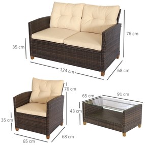 Set Mobilier de Gradina 4 Piese din Ratan PE cu Masuta Outsunny, Maro, Bej 124x68x76cm | Aosom Romania