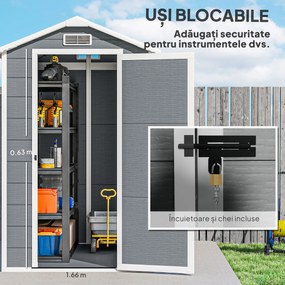 Outsunny Șopron de Grădină din PP cu Podea, Ușă cu Încuietoare și Acoperiș Înclinat, 131x186x198 cm, Gri | Aosom Romania
