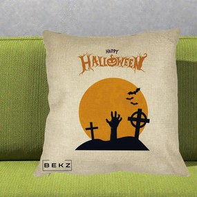 Perna Decorativa Happy Halloween Cimitir cu Luna, 40x40 cm, Crem, Husa Detasabila, Perna Inclusa, BEKZ®
