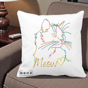 Perna Personalizata Pisica Meow Arta Linie Colorata, 40x40 cm, Alba Mata, Husa Detasabila, Perna Inclusa, BEKZ®