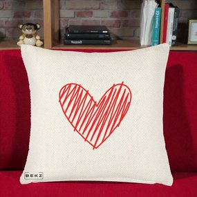 Perna Decorativa Inima Rosie Desen Manual, 40x40 cm, Crem Reliefat, Husa Detasabila, Perna Inclusa, BEKZ®