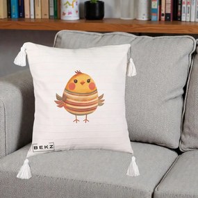 Perna Decorativa Pui Kawaii Portocaliu Dungi Calde, 40x40 cm, Bej cu Franjuri, Husa Detasabila, Perna Inclusa, BEKZ®