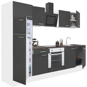 Mobilă de bucătărie Yorki 270, corp alb, față antracit satinat, element cuptor inferior, frigider congelator superior