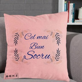 Cadou pentru Socru - Perna Personalizata Cel mai Bun Socru cu Ramuri Frunze Albastre si Aurii, 40x40 cm, Roz, Husa Detasabila, Perna Inclusa, BEKZ®