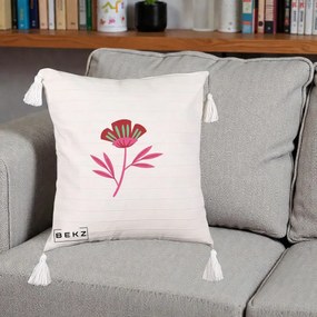 Perna Decorativa Floare Macul Roz-Rosu Grafic, 40x40 cm, Bej cu Franjuri, Husa Detasabila, Perna Inclusa, BEKZ®