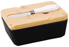 Untiera Florina Adria Black, portelan, capac bambus, cutit unt inclus, 15,5 x 11 x 6 cm