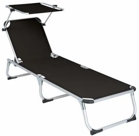 Șezlong pliabil DIVERO cu umbrar, negru, 187 x 57 cm
