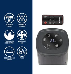 Incalzitor ceramic Beper P203TER011, 2000W, Afisaj LED, Efect foc 3D, Timer 8 ore, Negru