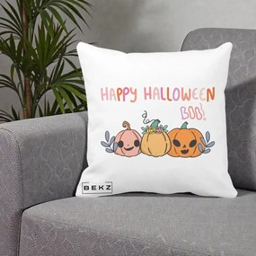Perna Decorativa Happy Halloween Boo Trei Dovlecei Kawaii, 40x40 cm, Alba Mata, Husa Detasabila, Perna Inclusa, BEKZ®