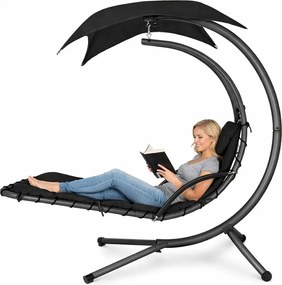 Șezlong suspendat din oțel, cu pernă încorporată, baldachin detașabil, Negru