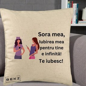 Cadou pentru Sora - Perna Personalizata Sora Mea Te Iubesc Doua Fete cu Telefoane, 40x40 cm, Bej, Husa Detasabila, Perna Inclusa, BEKZ®