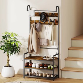 HOMCOM Suport de Haine de Intrare cu Bară, 10 Cârlige Mobile, Bancă și Raft pentru Încălțăminte, Mobilier în Pal și Metal, Design Industrial, 80x40x182 cm, Maro și Negru | Aosom Romania