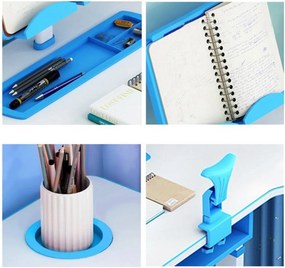 Birou copii din MDF cu lampa inclusa Novokids Premium desk, Dimensiuni 80X50X70, Cadru metalic, Albastru cu Alb