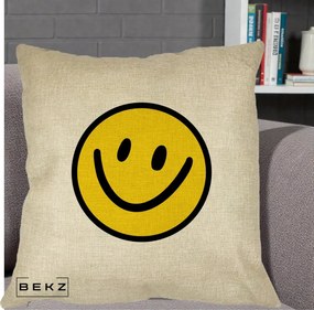 Perna Decorativa Smiley Face Galben Clasic, 40x40 cm, Crem, Husa Detasabila, Perna Inclusa, BEKZ®
